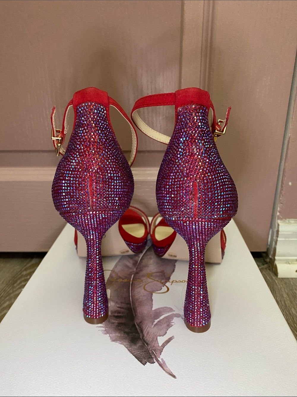 Jessica Simpson Red Suede Ankle-Strap Heels with Crystal Strap - Picture 4 of 8